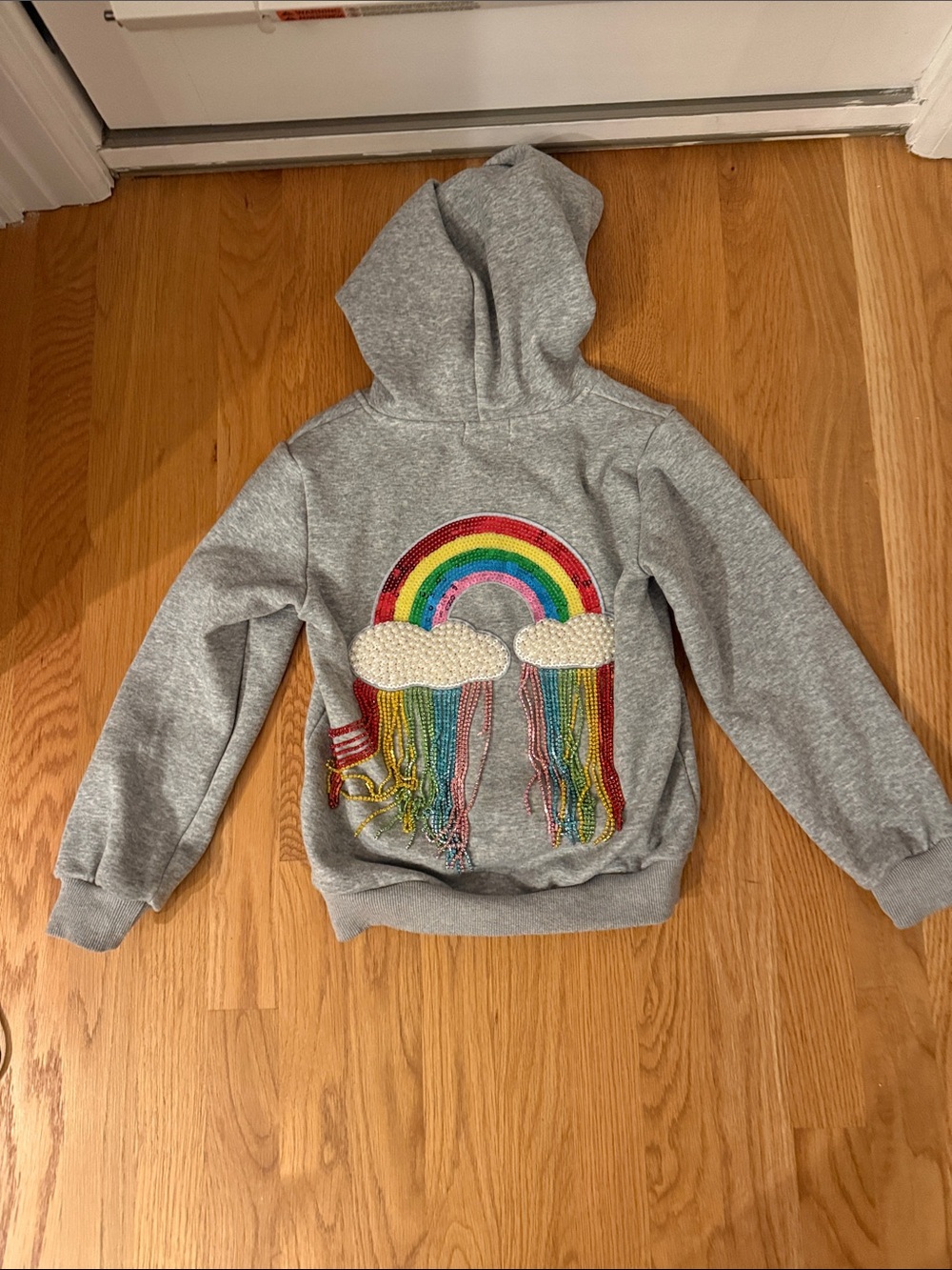 Lola + The Boys Gray Hoodie with Beaded Rainbow & Fringe Cloud Detail